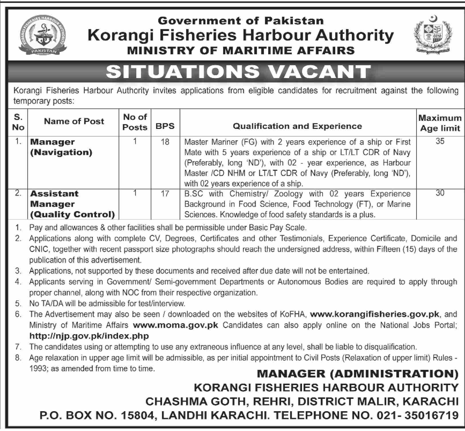Jobs in Korangi Fisheries Harbour Authority Karachi